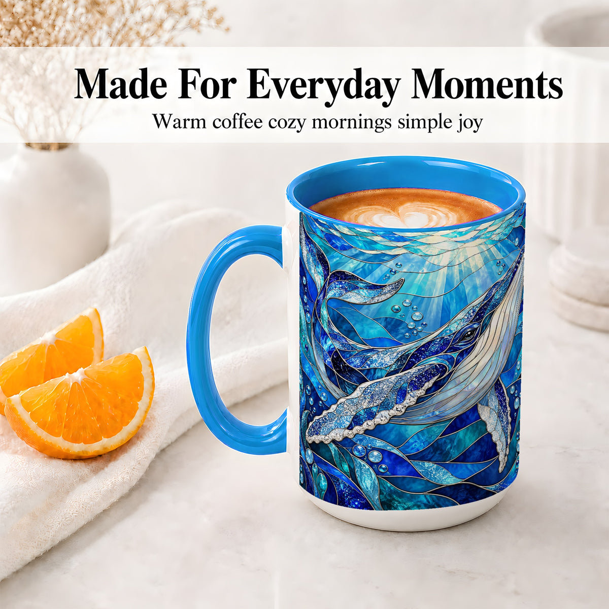 #pl[15oz|Blue] Stained Glass Style Whale Accent Mug, Ceramic Mug for Ocean Lovers