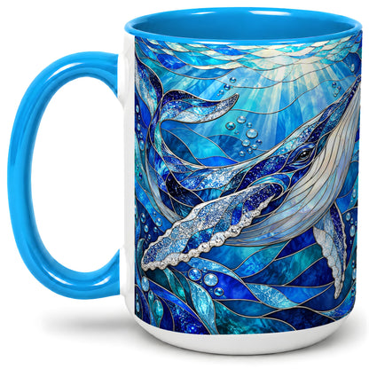 #pl[15oz|Blue] Stained Glass Style Whale Accent Mug, Ceramic Mug for Ocean Lovers