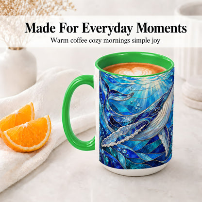 #pl[15oz|Green] Stained Glass Style Whale Accent Mug, Ceramic Mug for Ocean Lovers