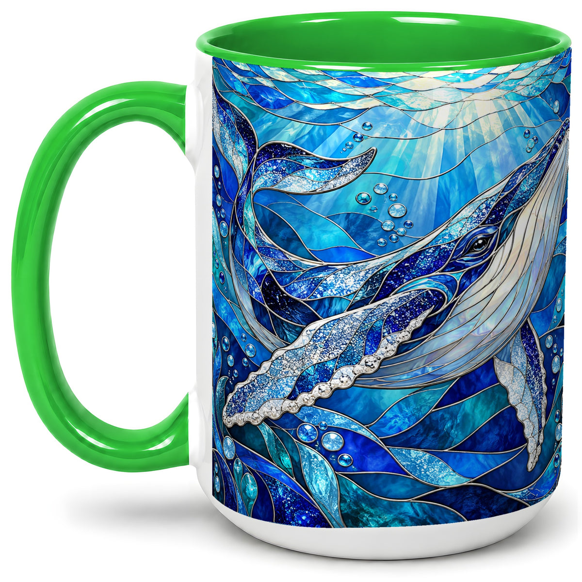 #pl[15oz|Green] Stained Glass Style Whale Accent Mug, Ceramic Mug for Ocean Lovers