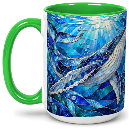 #pl[15oz|Green] Stained Glass Style Whale Accent Mug, Ceramic Mug for Ocean Lovers