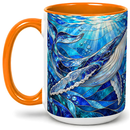 #pl[15oz|Orange] Stained Glass Style Whale Accent Mug, Ceramic Mug for Ocean Lovers