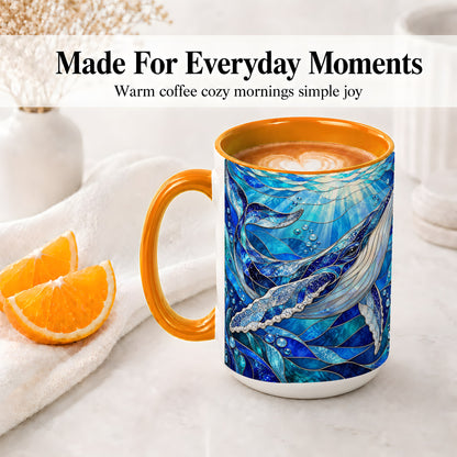 #pl[15oz|Orange] Stained Glass Style Whale Accent Mug, Ceramic Mug for Ocean Lovers
