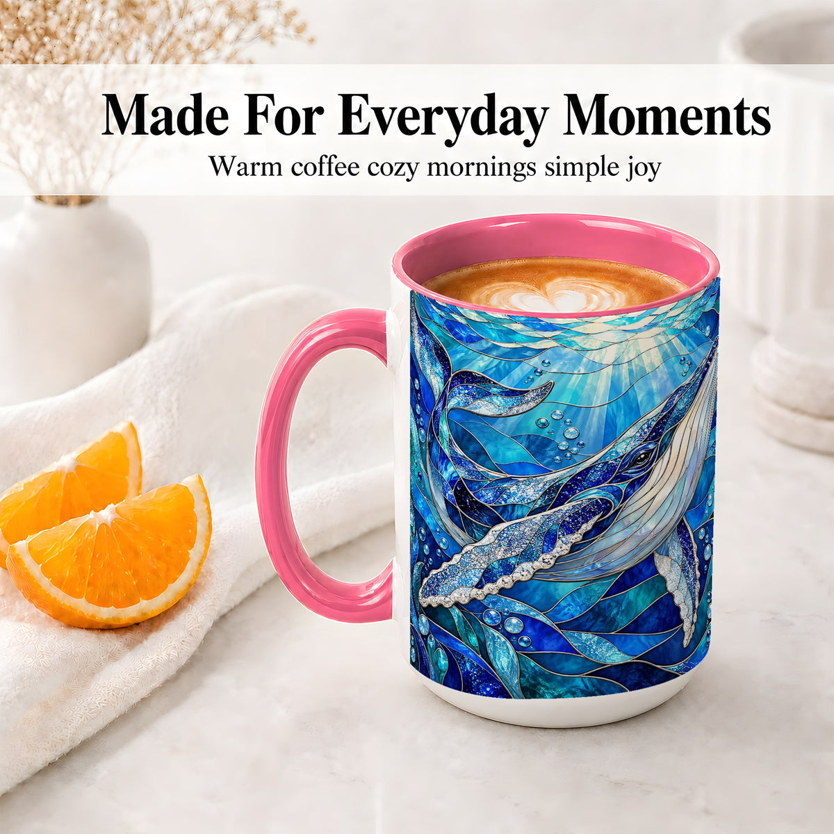 #pl[15oz|Pink] Stained Glass Style Whale Accent Mug, Ceramic Mug for Ocean Lovers
