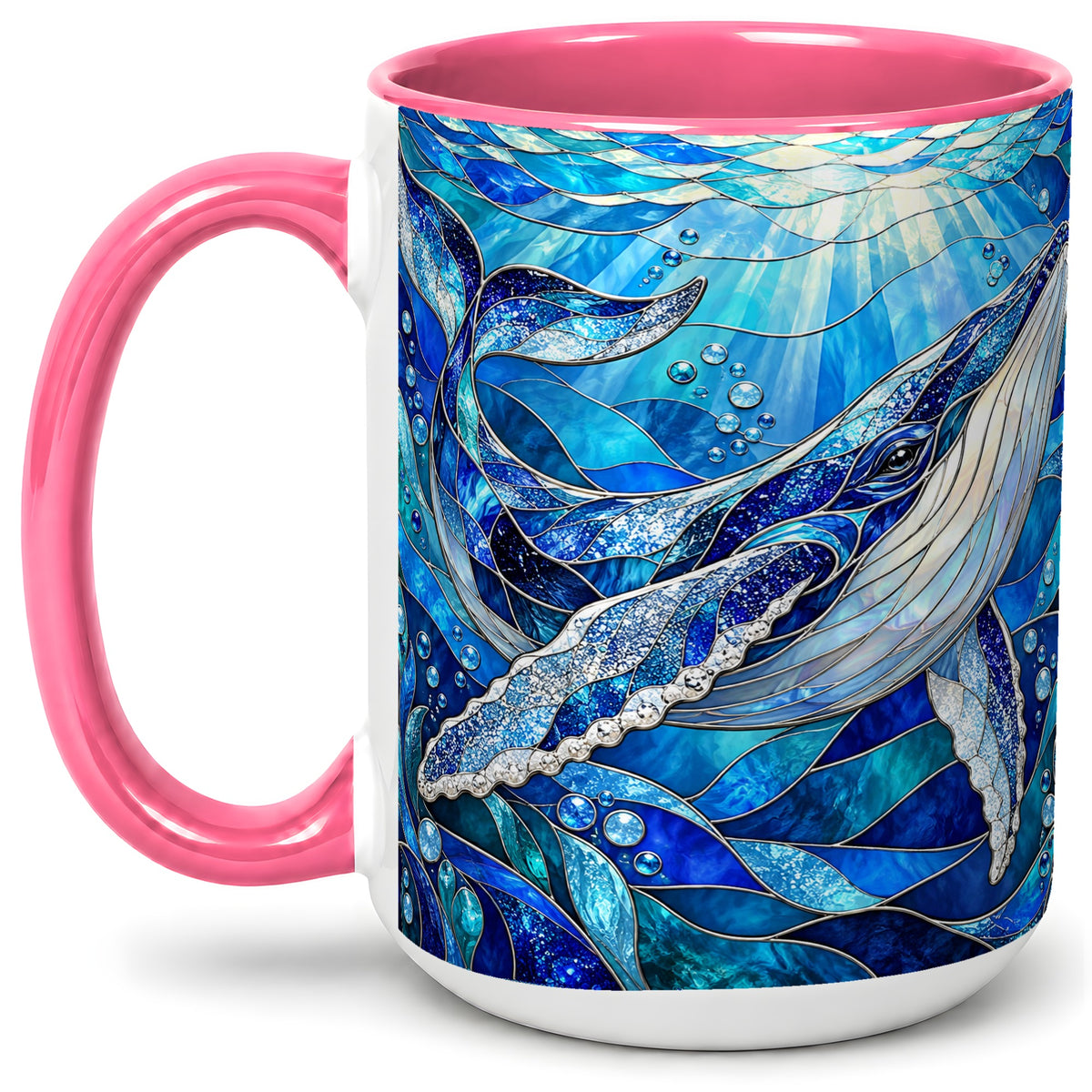 #pl[15oz|Pink] Stained Glass Style Whale Accent Mug, Ceramic Mug for Ocean Lovers