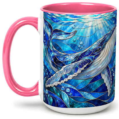 #pl[15oz|Pink] Stained Glass Style Whale Accent Mug, Ceramic Mug for Ocean Lovers