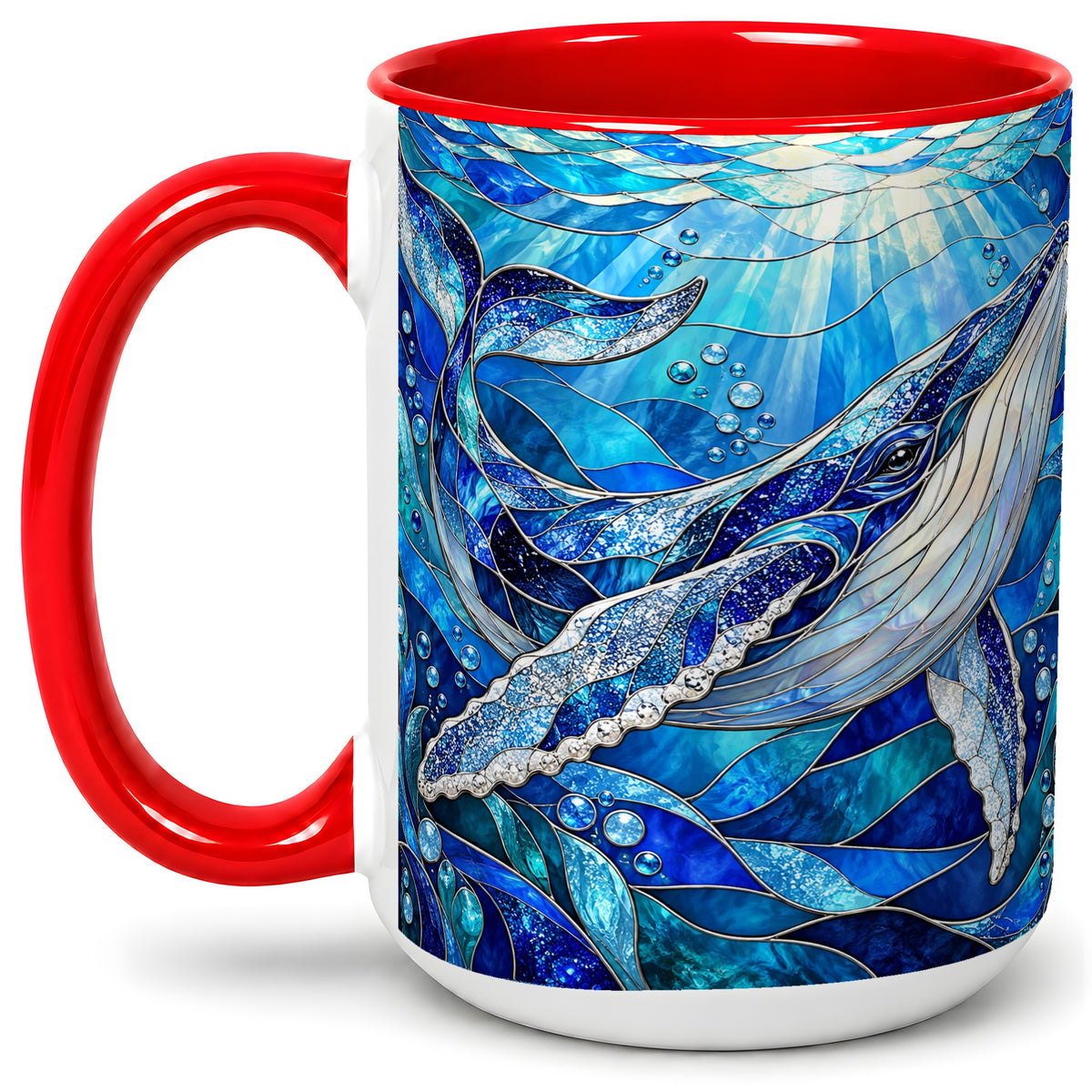 #pl[15oz|Red] Stained Glass Style Whale Accent Mug, Ceramic Mug for Ocean Lovers
