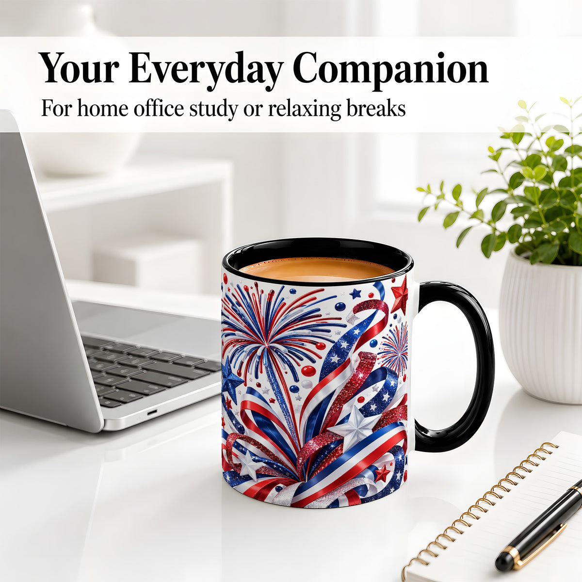 #pl[11oz|Black] Patriotic Fireworks Accent Mug, Ceramic Mug with Star Artwork