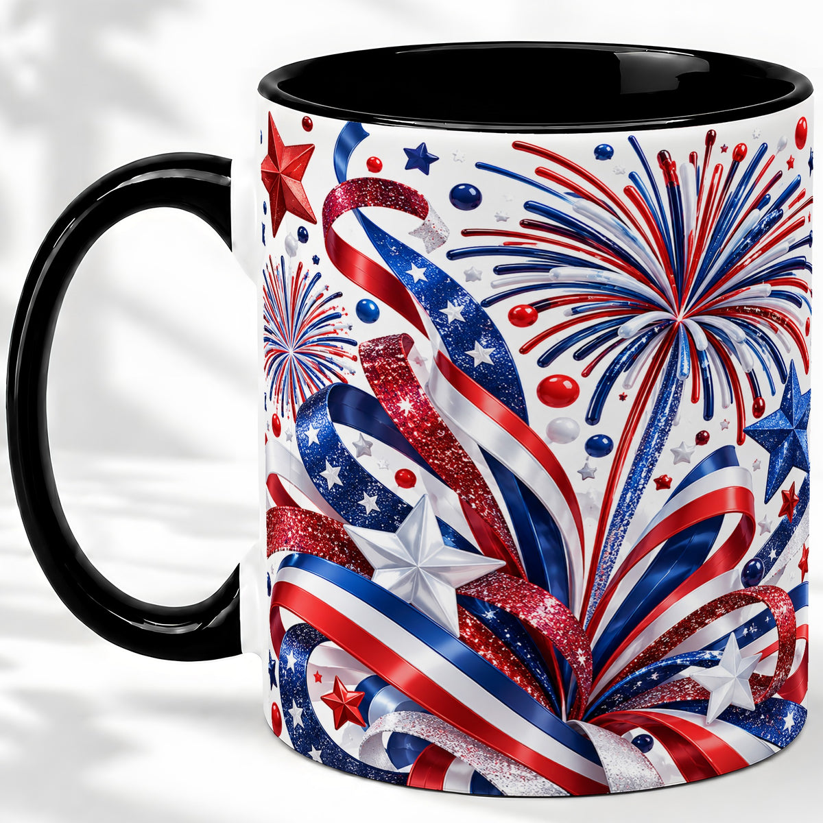 #pl[11oz|Black] Patriotic Fireworks Accent Mug, Ceramic Mug with Star Artwork