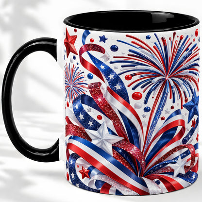 #pl[11oz|Black] Patriotic Fireworks Accent Mug, Ceramic Mug with Star Artwork