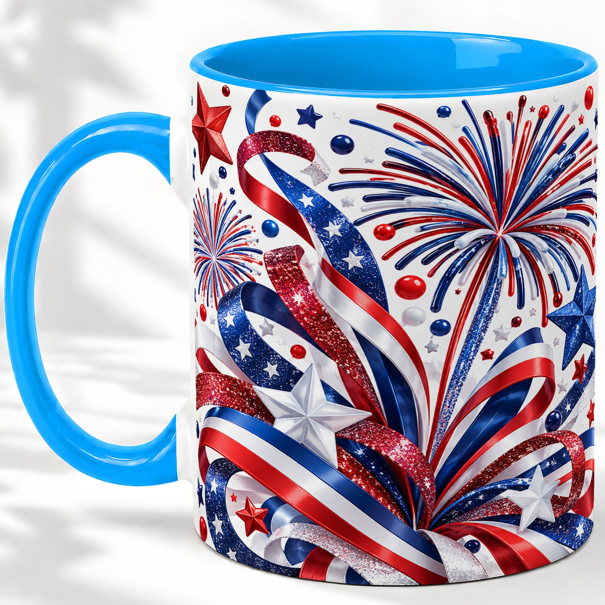#pl[11oz|Blue] Patriotic Fireworks Accent Mug, Ceramic Mug with Star Artwork