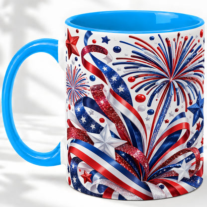 #pl[11oz|Blue] Patriotic Fireworks Accent Mug, Ceramic Mug with Star Artwork