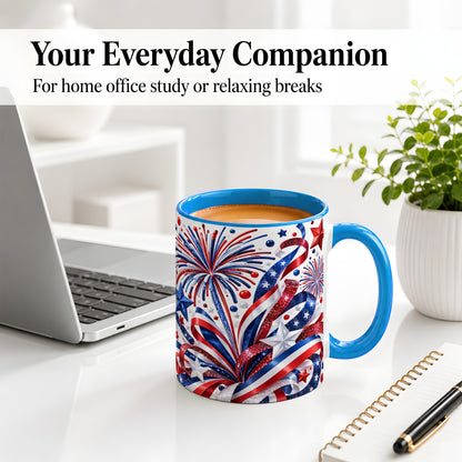 #pl[11oz|Blue] Patriotic Fireworks Accent Mug, Ceramic Mug with Star Artwork