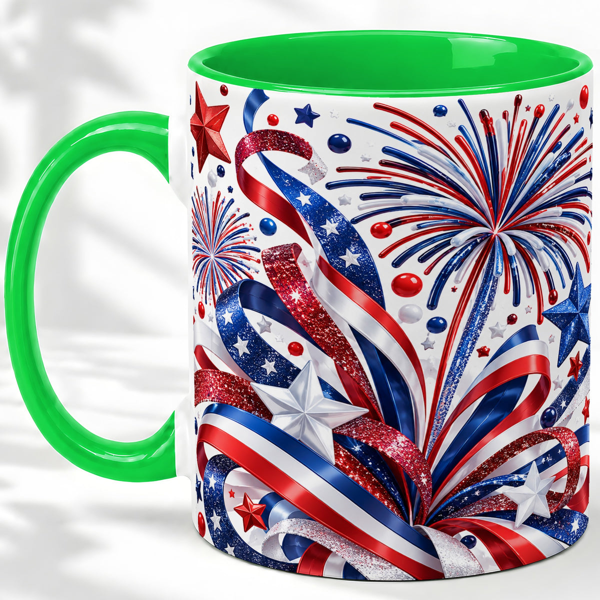 #pl[11oz|Green] Patriotic Fireworks Accent Mug, Ceramic Mug with Star Artwork