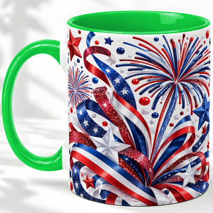 #pl[11oz|Green] Patriotic Fireworks Accent Mug, Ceramic Mug with Star Artwork