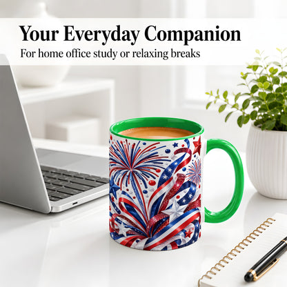 #pl[11oz|Green] Patriotic Fireworks Accent Mug, Ceramic Mug with Star Artwork