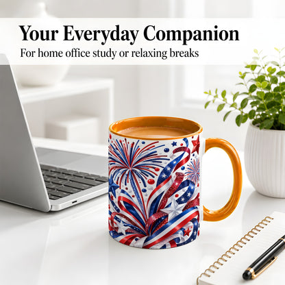 #pl[11oz|Orange] Patriotic Fireworks Accent Mug, Ceramic Mug with Star Artwork