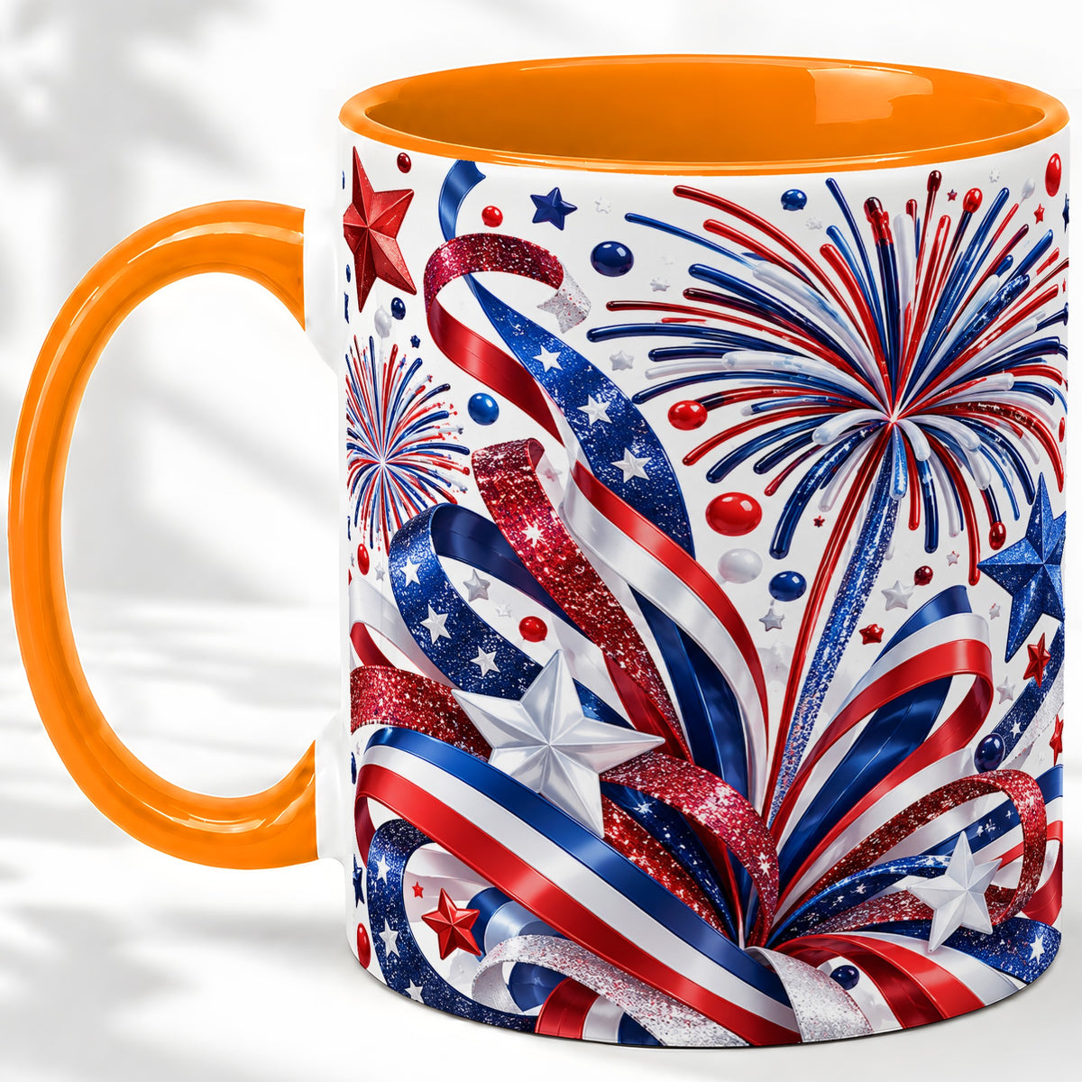 #pl[11oz|Orange] Patriotic Fireworks Accent Mug, Ceramic Mug with Star Artwork