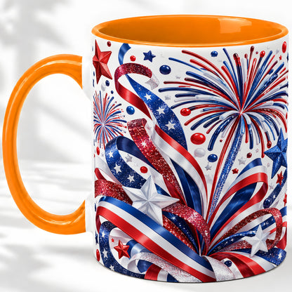 #pl[11oz|Orange] Patriotic Fireworks Accent Mug, Ceramic Mug with Star Artwork