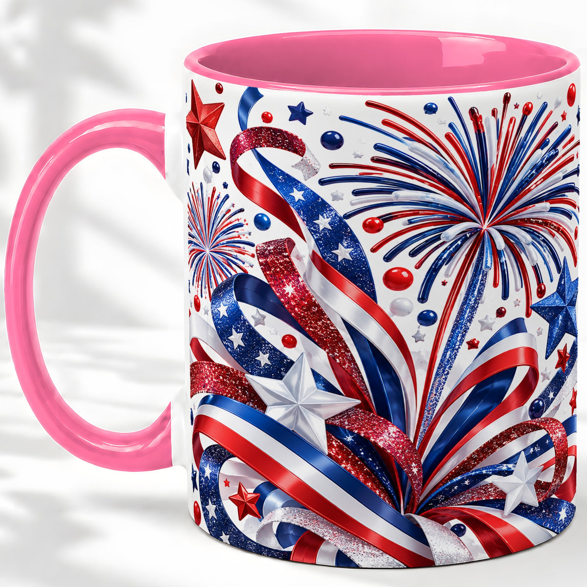 #pl[11oz|Pink] Patriotic Fireworks Accent Mug, Ceramic Mug with Star Artwork
