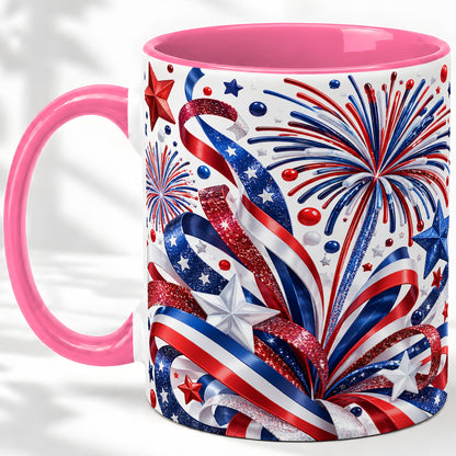 #pl[11oz|Pink] Patriotic Fireworks Accent Mug, Ceramic Mug with Star Artwork