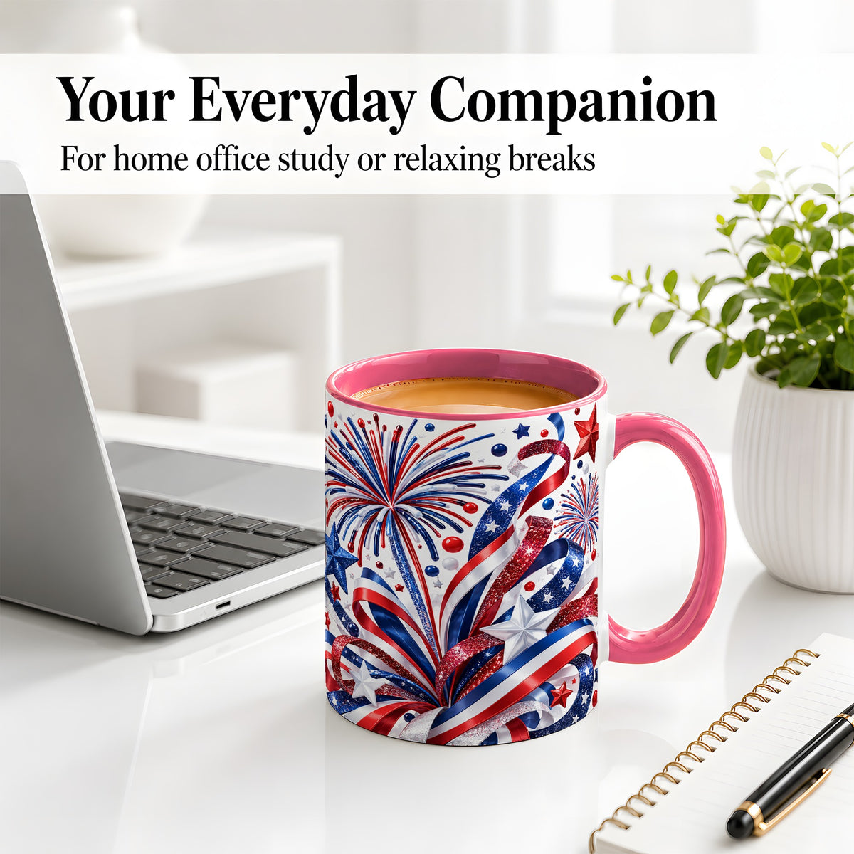 #pl[11oz|Pink] Patriotic Fireworks Accent Mug, Ceramic Mug with Star Artwork