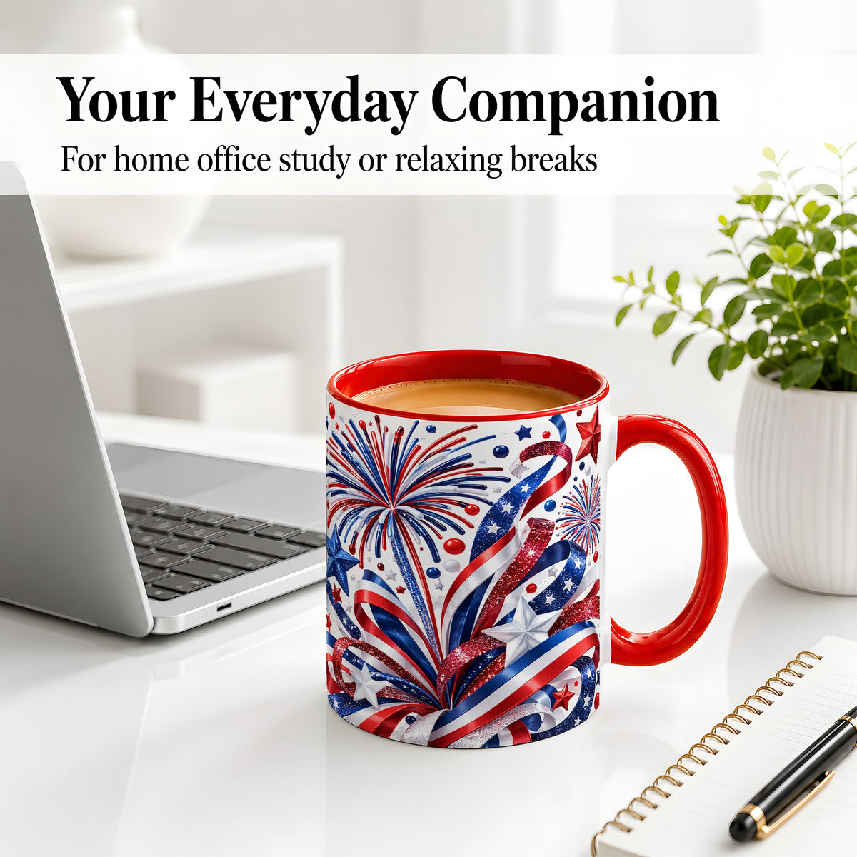 #pl[11oz|Red] Patriotic Fireworks Accent Mug, Ceramic Mug with Star Artwork