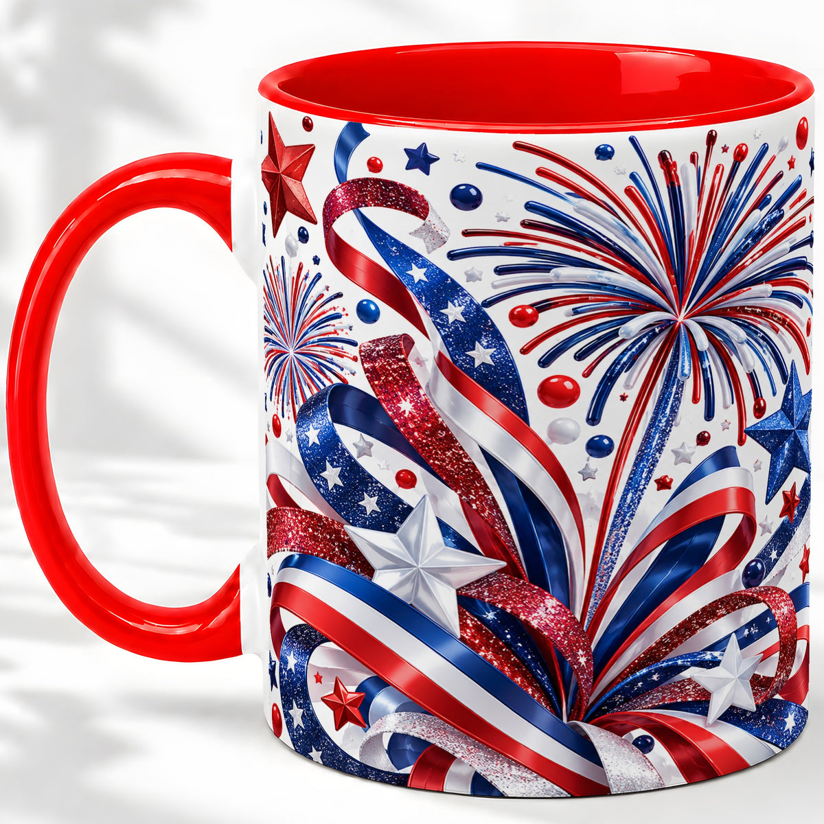 Patriotic Fireworks Accent Mug, Ceramic Mug with Star Artwork