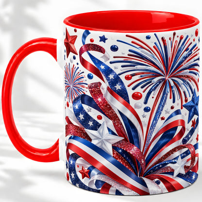 Patriotic Fireworks Accent Mug, Ceramic Mug with Star Artwork