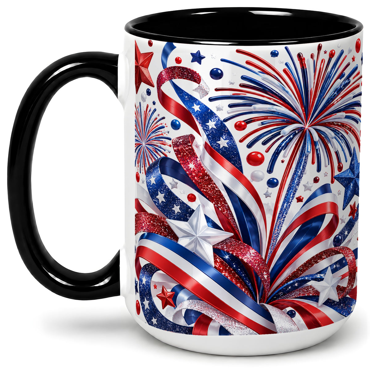 #pl[15oz|Black] Patriotic Fireworks Accent Mug, Ceramic Mug with Star Artwork