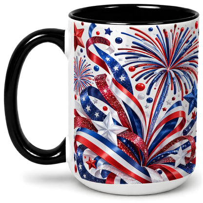 #pl[15oz|Black] Patriotic Fireworks Accent Mug, Ceramic Mug with Star Artwork