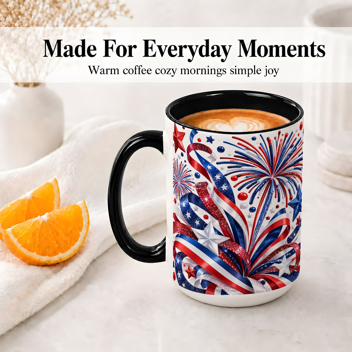 #pl[15oz|Black] Patriotic Fireworks Accent Mug, Ceramic Mug with Star Artwork
