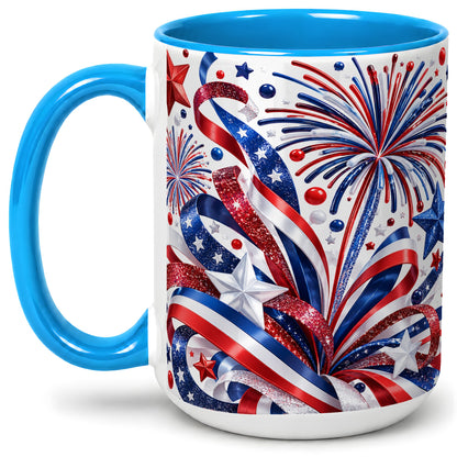#pl[15oz|Blue] Patriotic Fireworks Accent Mug, Ceramic Mug with Star Artwork