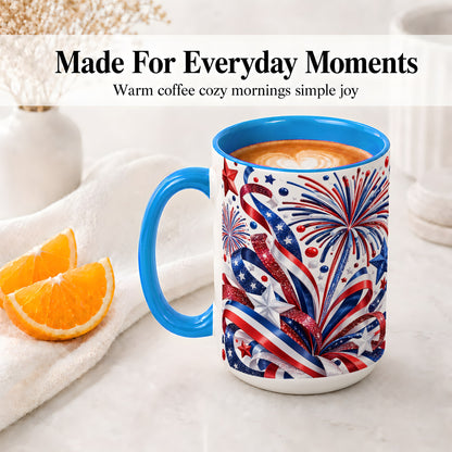 #pl[15oz|Blue] Patriotic Fireworks Accent Mug, Ceramic Mug with Star Artwork