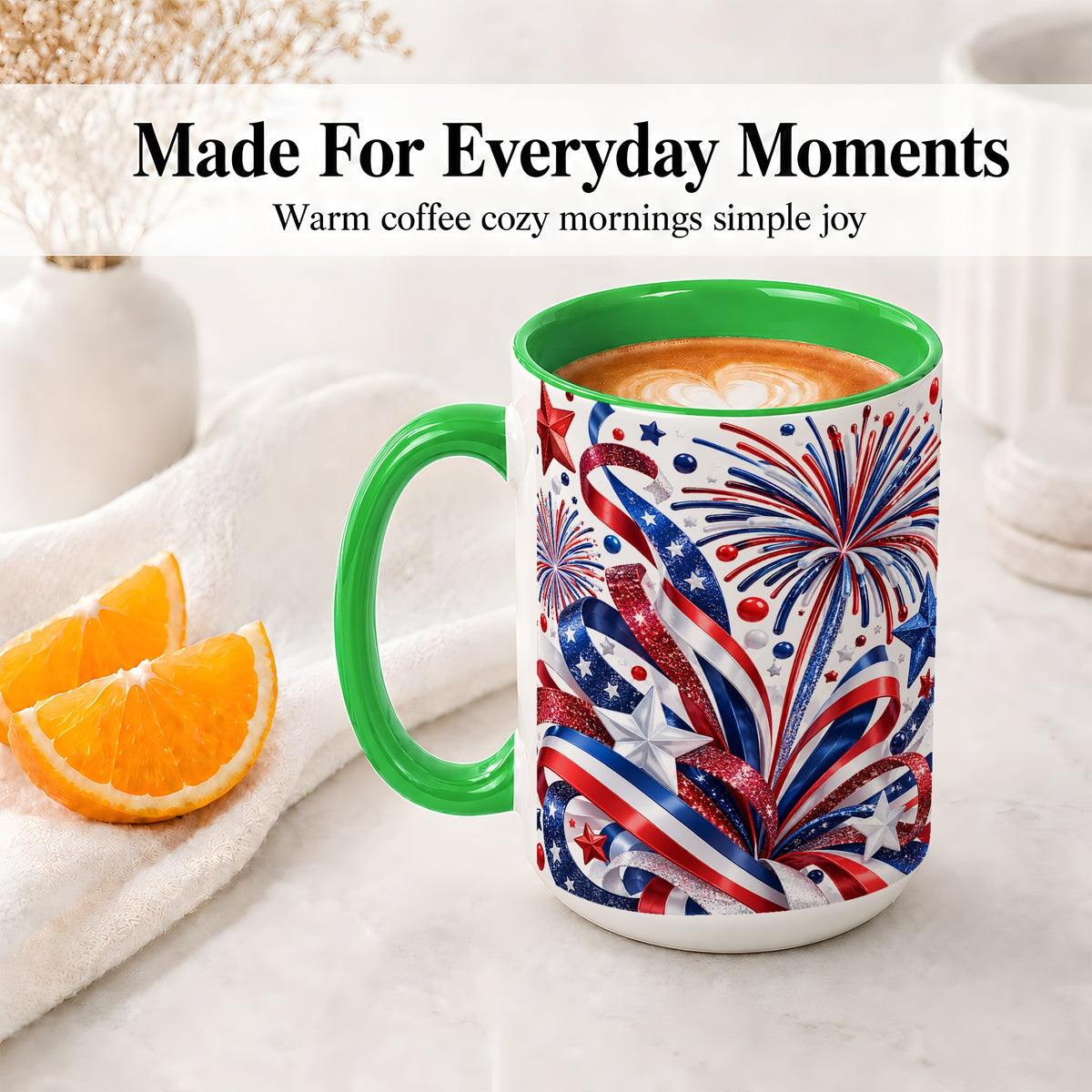 #pl[15oz|Green] Patriotic Fireworks Accent Mug, Ceramic Mug with Star Artwork
