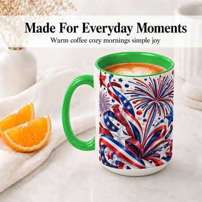 #pl[15oz|Green] Patriotic Fireworks Accent Mug, Ceramic Mug with Star Artwork