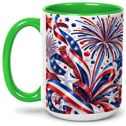 #pl[15oz|Green] Patriotic Fireworks Accent Mug, Ceramic Mug with Star Artwork
