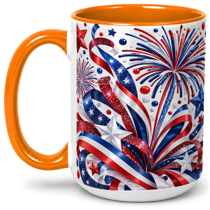 #pl[15oz|Orange] Patriotic Fireworks Accent Mug, Ceramic Mug with Star Artwork