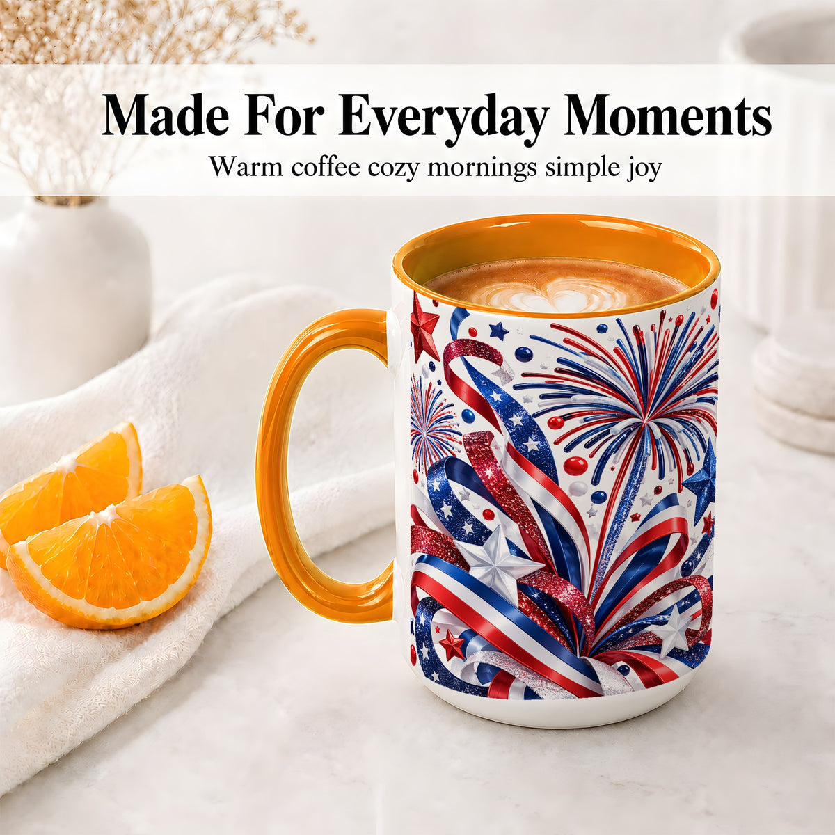 #pl[15oz|Orange] Patriotic Fireworks Accent Mug, Ceramic Mug with Star Artwork