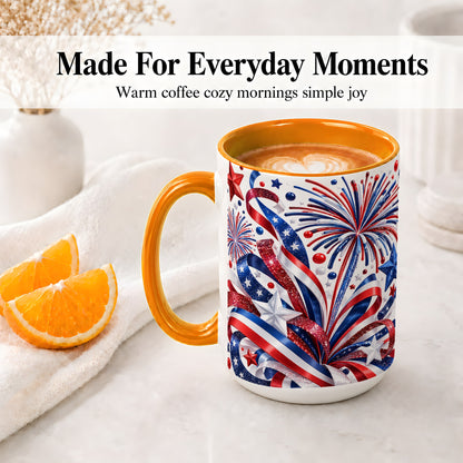 #pl[15oz|Orange] Patriotic Fireworks Accent Mug, Ceramic Mug with Star Artwork