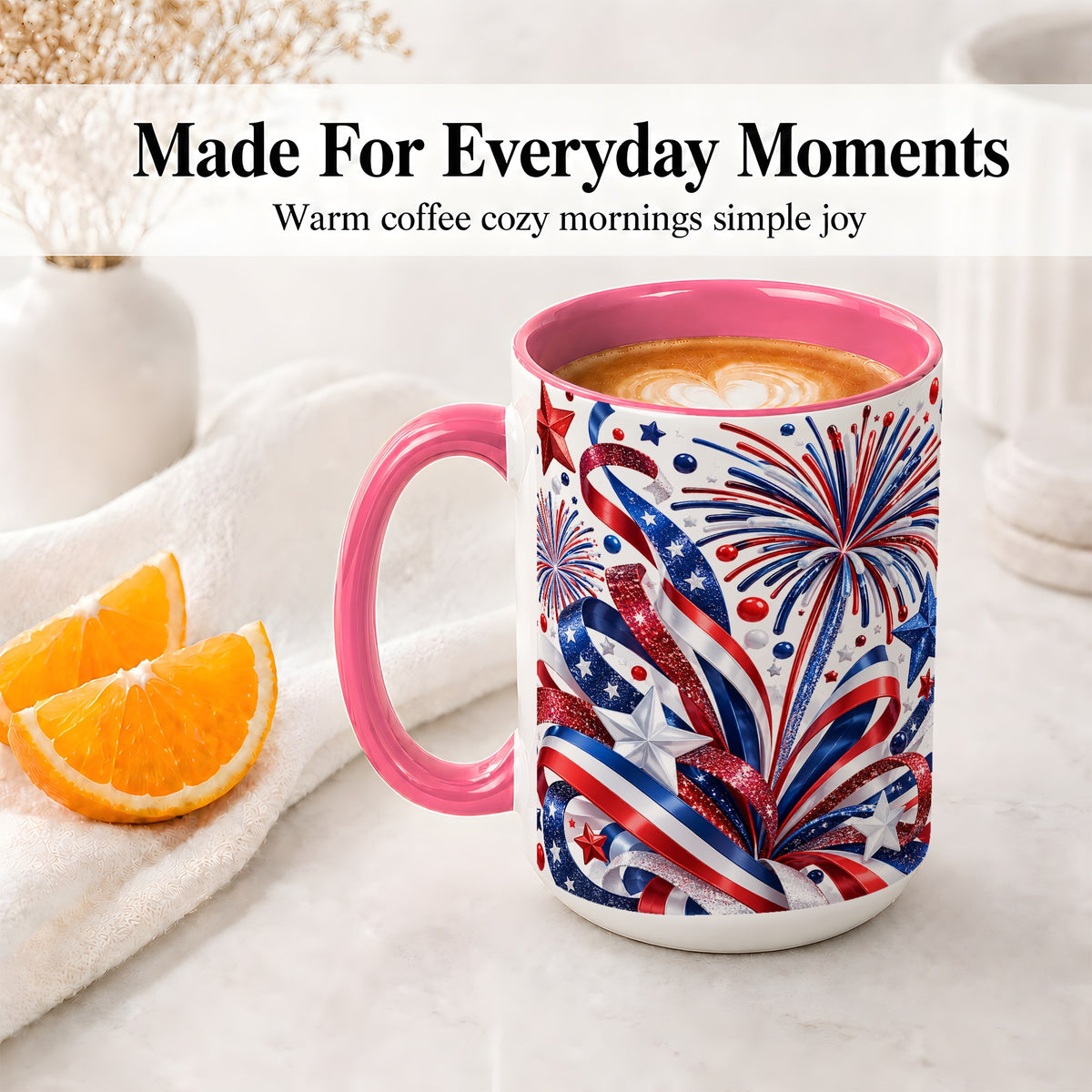 #pl[15oz|Pink] Patriotic Fireworks Accent Mug, Ceramic Mug with Star Artwork