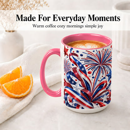 #pl[15oz|Pink] Patriotic Fireworks Accent Mug, Ceramic Mug with Star Artwork