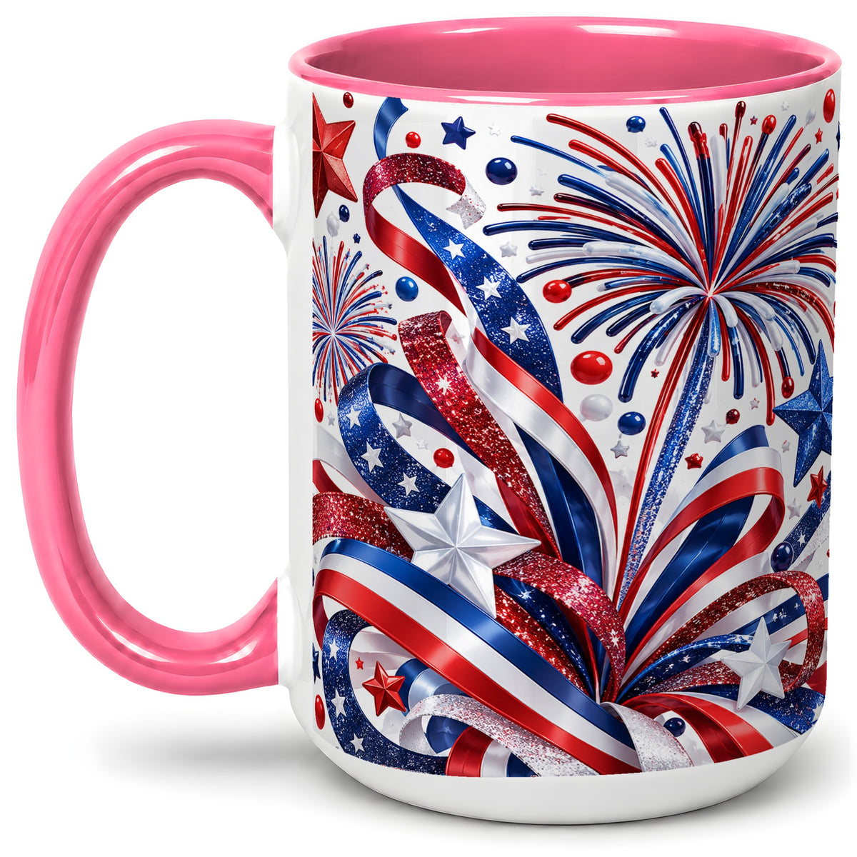#pl[15oz|Pink] Patriotic Fireworks Accent Mug, Ceramic Mug with Star Artwork
