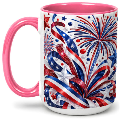 #pl[15oz|Pink] Patriotic Fireworks Accent Mug, Ceramic Mug with Star Artwork