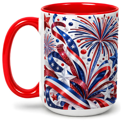 #pl[15oz|Red] Patriotic Fireworks Accent Mug, Ceramic Mug with Star Artwork