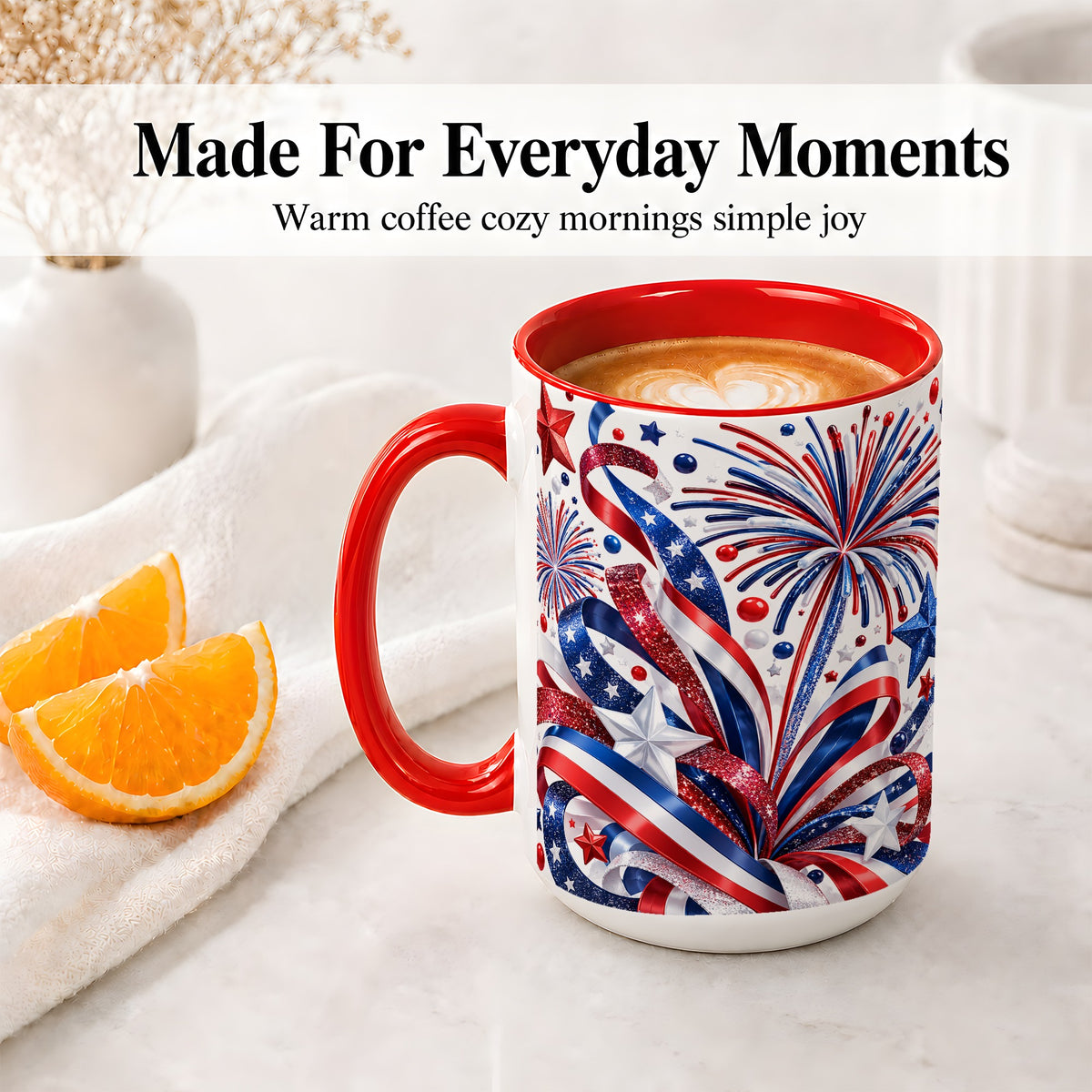 #pl[15oz|Red] Patriotic Fireworks Accent Mug, Ceramic Mug with Star Artwork