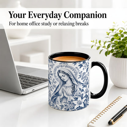#pl[11oz|Black] Praying Woman Floral Accent Mug, Ceramic Mug with Faith Artwork
