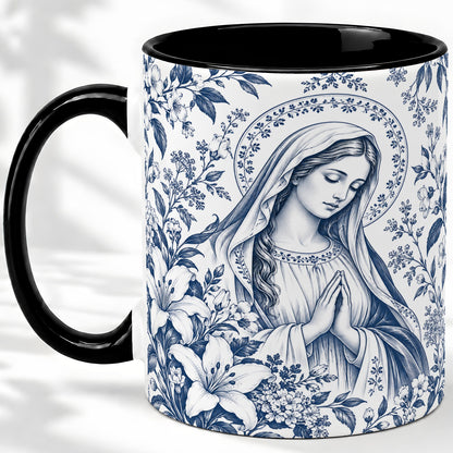 #pl[11oz|Black] Praying Woman Floral Accent Mug, Ceramic Mug with Faith Artwork