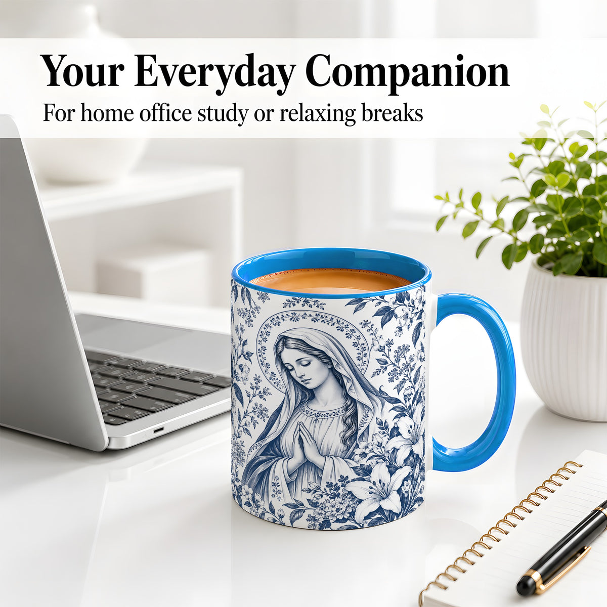 #pl[11oz|Blue] Praying Woman Floral Accent Mug, Ceramic Mug with Faith Artwork