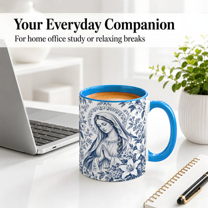 #pl[11oz|Blue] Praying Woman Floral Accent Mug, Ceramic Mug with Faith Artwork